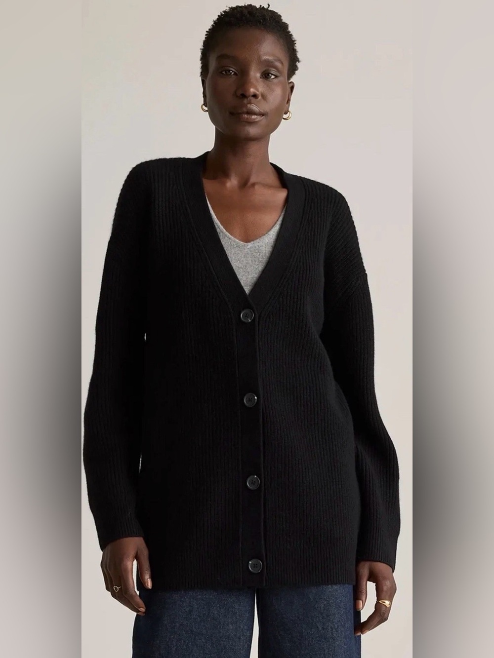 QUINCE cashmere Black V-Neck Button-Front Women Cardigan Boxy oversized XS GREAT